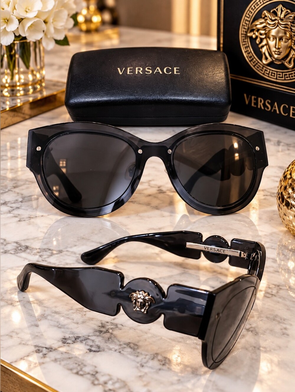 Versace Black Oversized Round Sunglasses with Medusa Logo